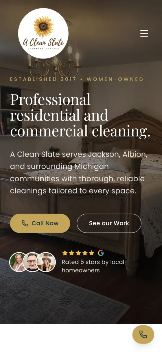A Clean Slate Cleaning Service website on a phone
