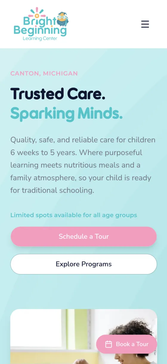 Bright Beginning Learning Center website on a phone
