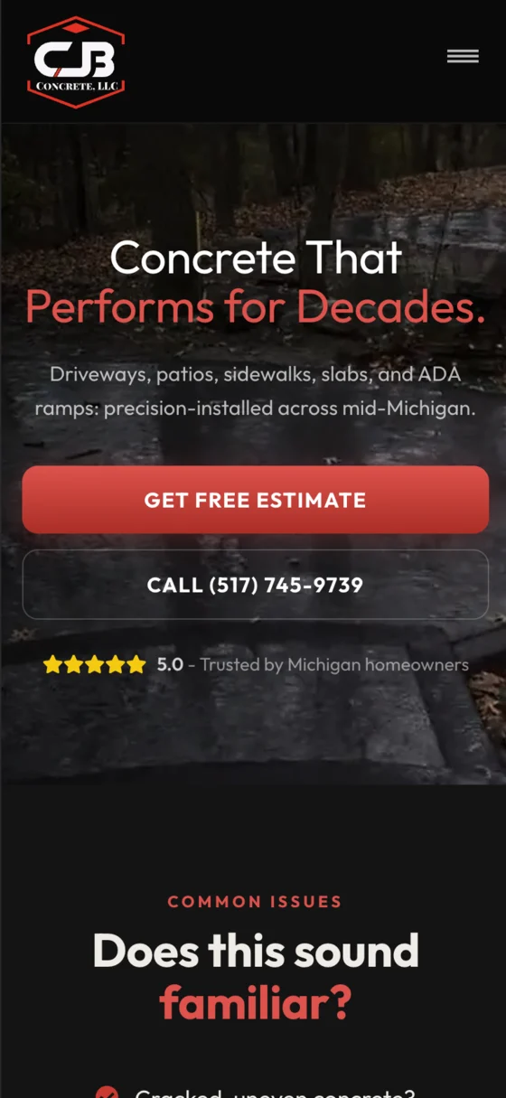 CJB Concrete website on a phone