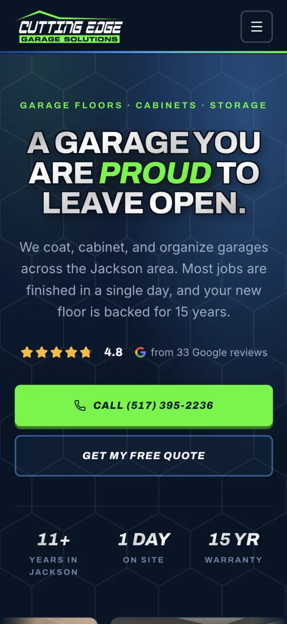 Cutting Edge Garage Solutions website on a phone