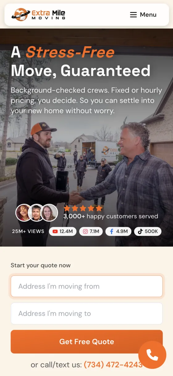 Extra Mile Moving website on a phone